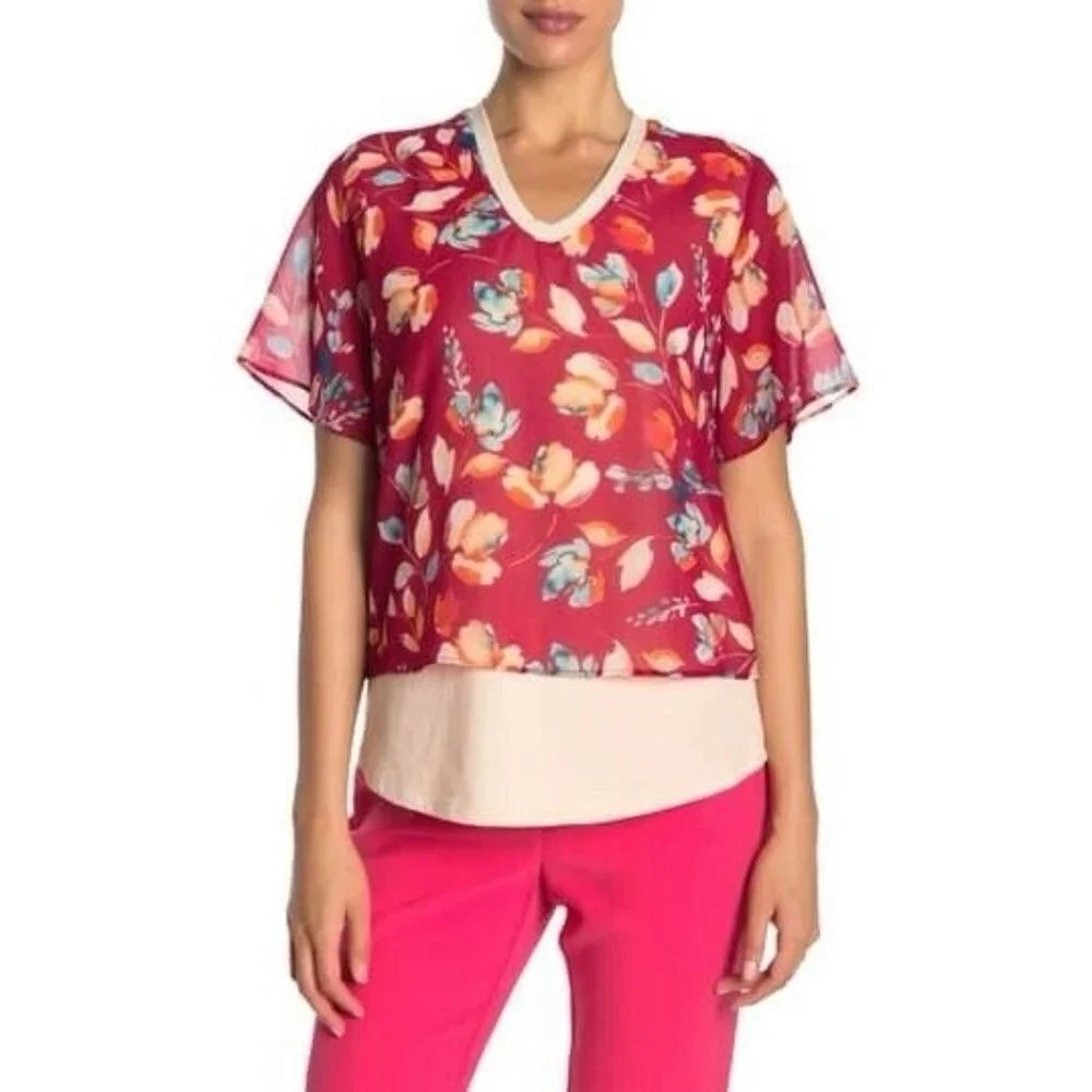 Donna Karen Women’s Size S Red Floral Multi Layered V-Neck Blouse